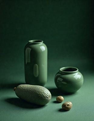 The primary subject of the image is a green vase, which is placed on a green surface. The vase is accompanied by a green bowl and a green pear, creating a cohesive and visually appealing scene. The setting appears to be a still life arrangement, with the vase, bowl, and pear as the main objects of focus. The visual style of the image is a close-up, which emphasizes the details of the objects and their colors. The overall atmosphere of the image is calm and ser
